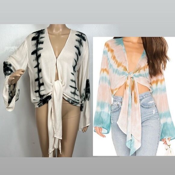 Young Fabulous And Broke Tie Dye Bell Sleeve Tie Front Boho Top Size XS - Picture 1 of 9